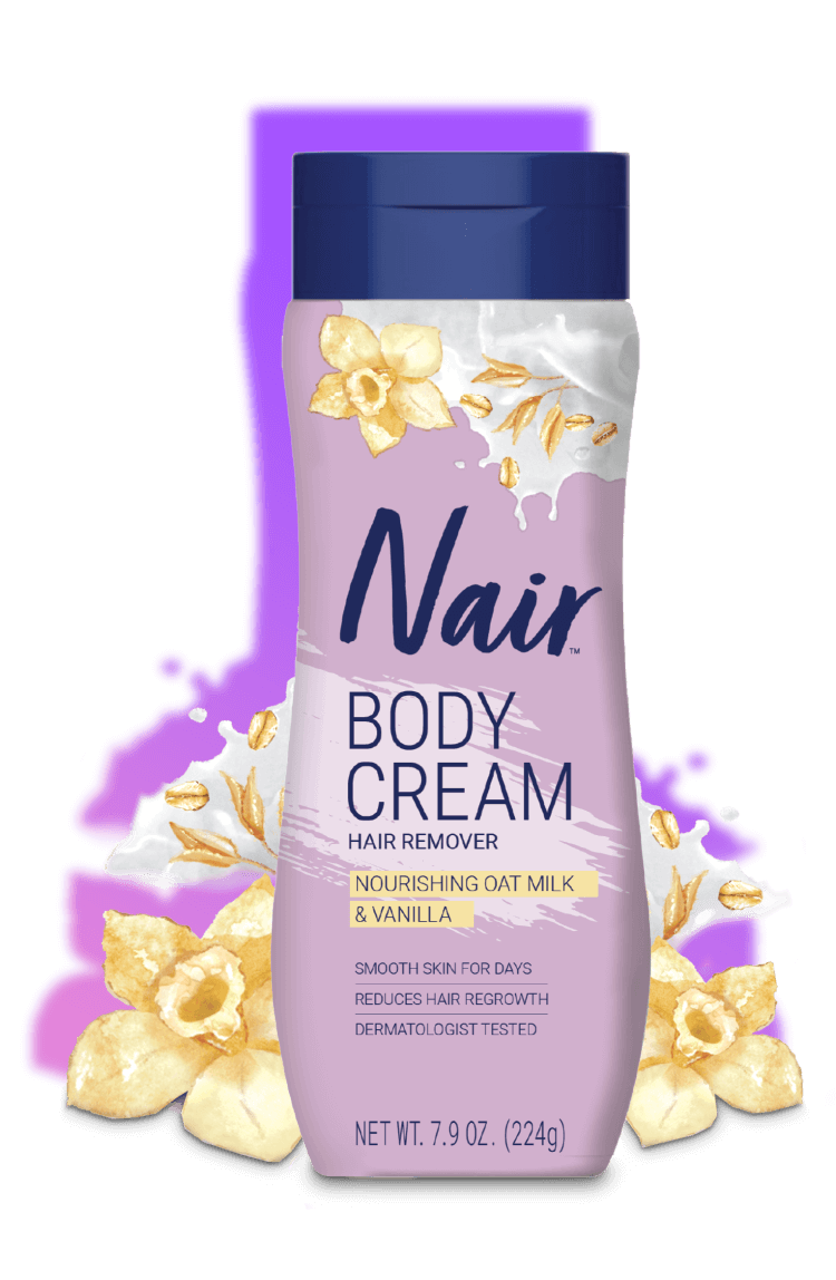 Nair Body Cream Hair Remover with softening baby oil in a 9 oz. squeeze tube package.