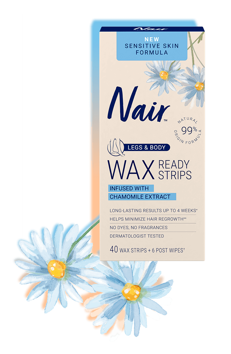 Nair Sensitive Wax Ready-Strips to remove hair from body and legs in a 40-count package.