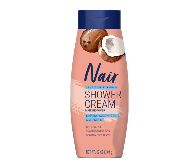 Nair Sensitive Formula Shower Cream Hair Remover with coconut oil and vitamin E in a 12.6 oz pump.